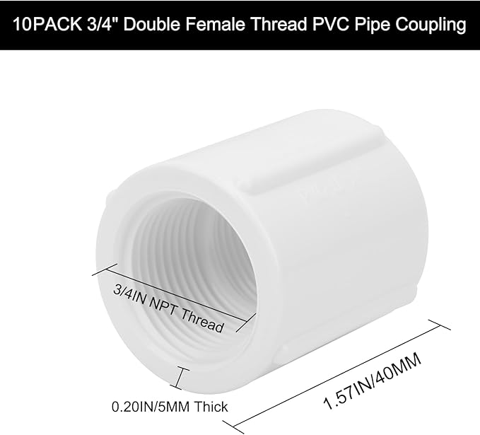 10Pack 3/4" Double Female Thread PVC Pipe Coupling Adapter Pipe Fitting Connector (F x F) SCH40 3/4Inch PVC Female Threaded Pipe Coupling for Sprinkler,Irrigation,Swimming Pools