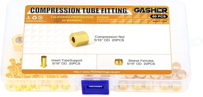 GASHER 60PCS Brass Compression Fitting Kit,Sleeve Ferrules&Insert Tube Support&Ferrule head,5/16" Tube OD