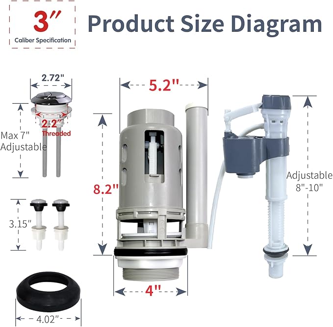3-Inch Dual Flush Valve Repair Kit for 2-Piece Toilets; Fit Glacier Bay;Aquasource;Horow and More ;Toilet Repair Kit Inside Tank Includes Flush Valve, Button & Fill Valve with Gasket & Bolts