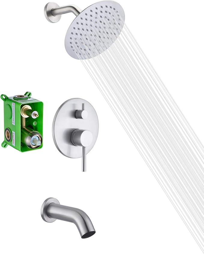 Tub Shower Faucet Set Brushed Nickel，High Flow Waterfall Tub Spout and High Pressure Rain Shower,SUMERAIN