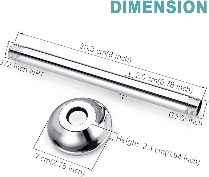 BESTILL 8 Inch Ceiling Mount Rain Shower Head Arm and Flange, Chrome