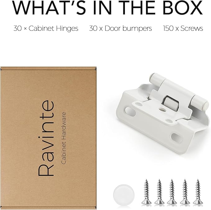 Ravinte 30 Pack 15 Pairs Semi-Overlay 1/2 inch Self-Closing Face Frame Cabinet Hinges White Half Wrap-Around Kitchen Cupboard Door Hinges Face Mount Cabinet Hardware