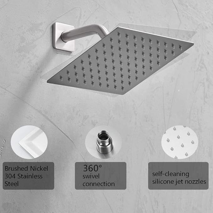 Shower System Brushed Nickel Bathroom Rainfall Shower Faucet Set Complete Wall Mounted 8 Inch Shower Head and Handle Set with Rough-in Valve Body and Trim Kit