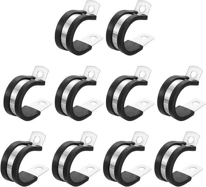 uxcell 1"(24mm) Cable Clamp, 304 Stainless Steel Rubber Cushioned Insulated Clamp R Shape Metal Clamp Tube Holder for Pipe Hose Wire Cord Installation 10Pcs