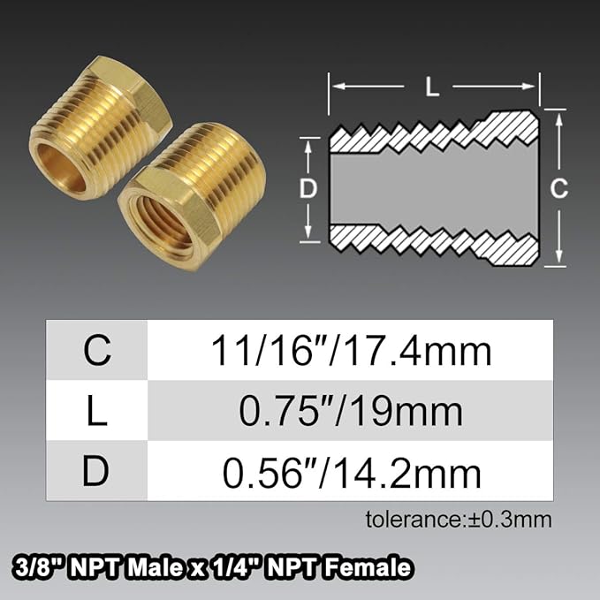 3/8 Inch NPT Male Thread to 1/4 Inch Female NPT Thread Brass Pipe Fitting Reducing Hex Head Hose Bushing Adapter Convert Pack of 2