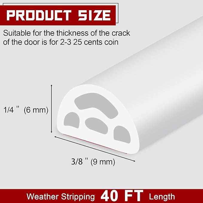 40Ft EPDM Rubber Weather Stripping Door Seal, Self-Adhesive Rubber Window Seal – Soundproof Weather Stripping Door Seal Strip for Doors & Windows(White)