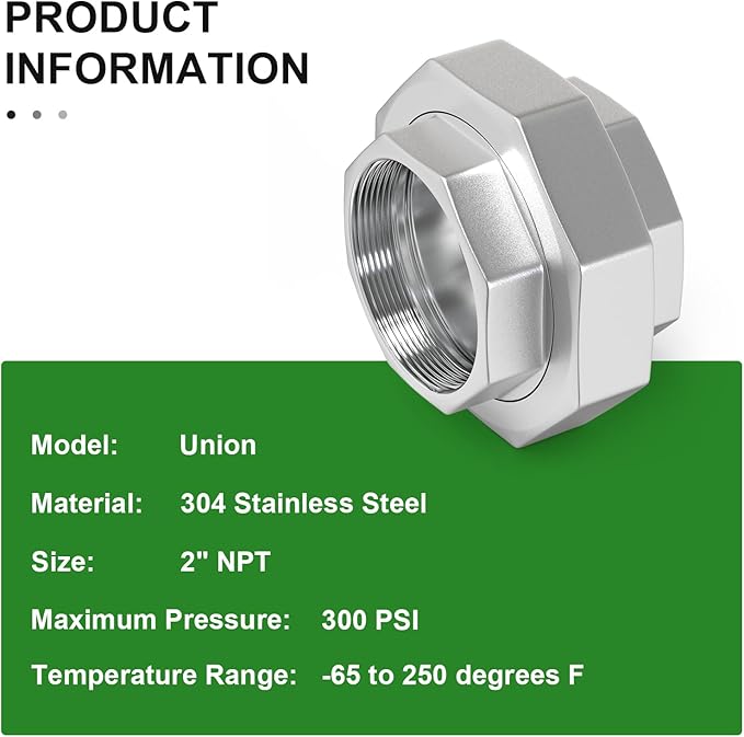 TAISHER 1PCS 304 Stainless Steel Union，2" NPT Female Cast Pipe Fitting