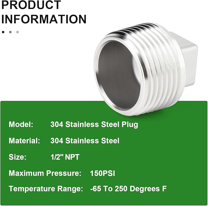 TAISHER 5PCS 304 Stainless Steel Outer Square Thread Socket Pipe Plug Fitting 1/2" NPT Male