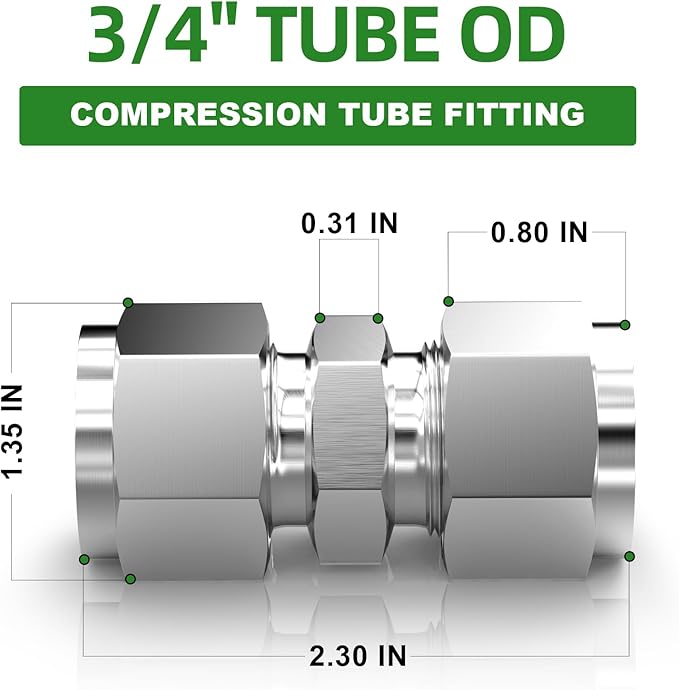 TAISHER 1PCS 304 Stainless Steel Compression Tube Pipe Fitting Connector, 3/4" Tube OD x 3/4" Tube OD Straight Adapter