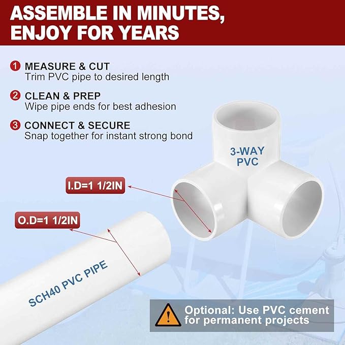 16Pcs 1 1/2" Elbow PVC Fitting, SCH40 3-Way Tee Furniture Grade PVC Pipe Fitting, DIY Corner Elbow Connector for Building Furniture, Greenhouse Frame Connection, Socket x Socket
