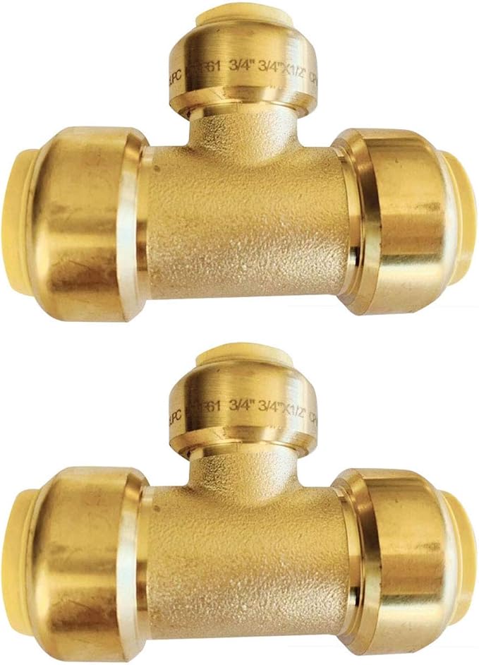 (Pack of 2) EFIELD 3/4"x 3/4" x1/2" Tee Push-Fit Fitting to Connect Pex, Copper, CPVC With 2 Sizes Disconnect Clip, cUPC Certified,(PF127-2PCS)