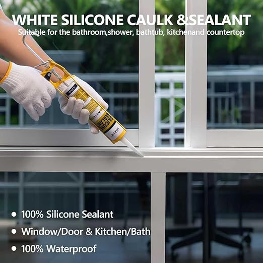 White Advanced Silicone Caulk, 100% Waterproof Silicone Sealant Indoor Outdoor Caulking for Window, Door, RV, Roof, Auto & Marine, Kitchen, Bathroom, Glass,15.2 oz（1-Pack） No Odor