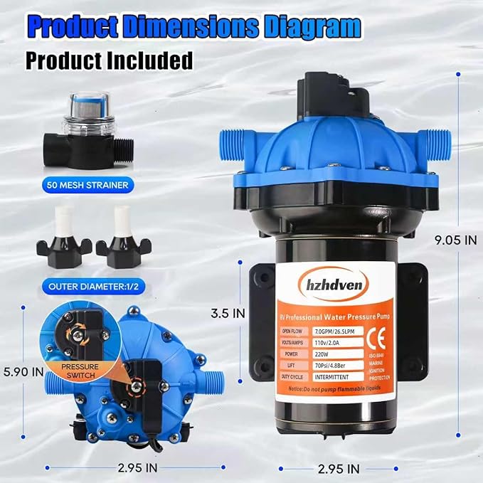 Upgraded 110V AC Fresh Water Pump, 7GPM 70PSI, Five Chamber Self-Priming Diaphragm Pump with Heavy Duty Pressure Switch & Strainer for RV, Marine，Home Water System, Irrigating & Industrial Settings