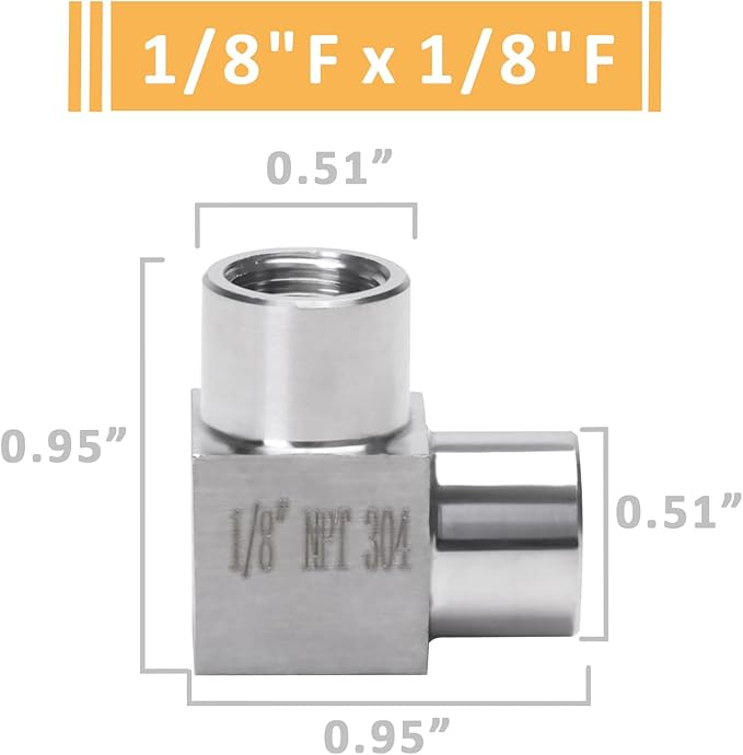 90 Degree Street Elbow - 1/8" NPT Female to 1/8" NPT Female Stainless Steel 304 Heavy Duty Forged Square Barstock Street Elbow Adapter Pipe Fitting (pack of 2)