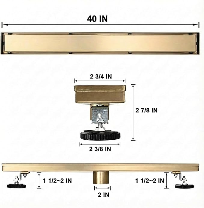Linear Shower Floor Drain, Brushed Gold 40 Inch 304 Stainless Steel Bathroom Drains Kit, Rectangular Shower Trench Drain with Reversable Tile-in Pattern Drain Cover & Hair Catcher
