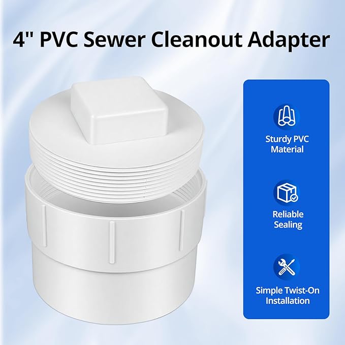 4" PVC Sewer Cleanout Adapter with Plug Pipe Fitting, PVC DWV Flush Sewer Cleanout Cap for Outdoor Garden, RV Sewer and Drainage Piping System, 2 Pack