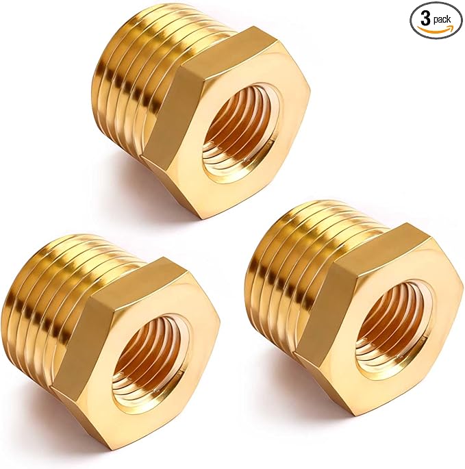 1/2" NPT Male to 1/4" NPT Female Brass Hex Bushing Reducing Bushing Pipe Fitting, Brass Fitting Reducer Adapter 3 Pack