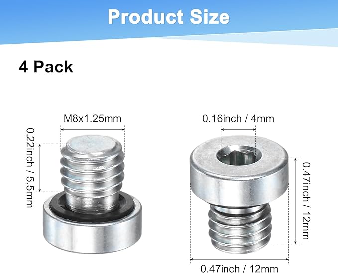 4-Pack M8x1.25mm Inner Hex Head Pipe Fitting Plug, Carbon Steel Sensor Socket Plug with Seal O-Ring for Terminate Pipe Ends/High Pressure Washer, Sealing Screw