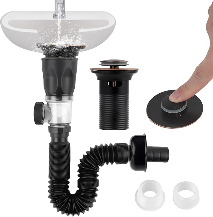 iFealClear Bathroom Sink Drain Kits, Flexible P-Trap Drain Pipe with Pop Up Stopper, Bathroom Sink Pipe Replacement with 2 Adapters, Fits 1-1/4'', 1-1/2'', 2" Holes, Hair Catcher, Oil Rubbed Bronze