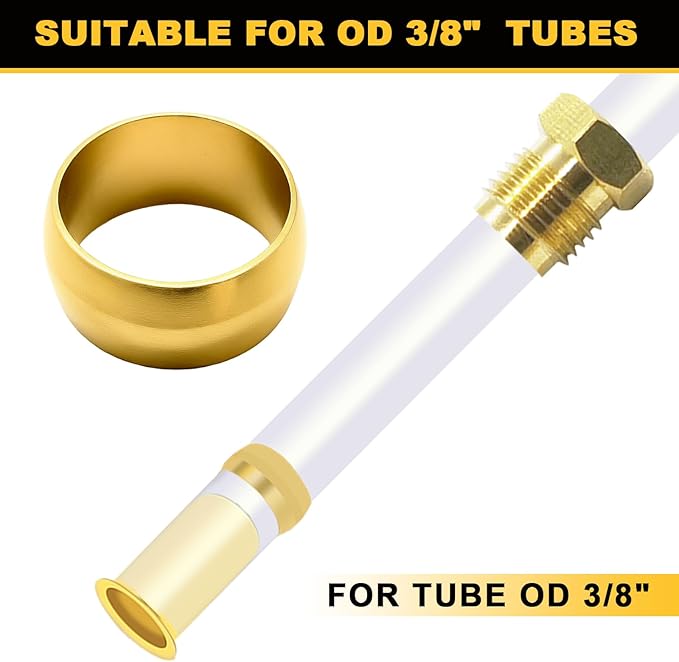 Siptenk 60PCS Brass Compression Sleeves Ferrules for Tube OD 3/8", Hose Compression Fitting Brass Ferrule for DOT Air Brake Lines, Water, Fuel, Oil