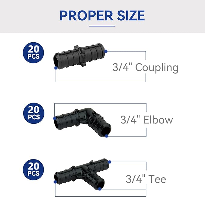 3/4" PEX Poly PPSU Barb Crimp Fittings Combo - Elbow, Tee, Coupling (20 Each) for Pipe Plumbing Project (60 Pack, ASTM F2159)