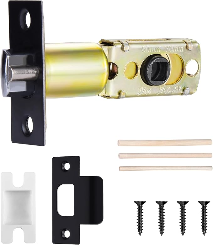 Adjustable Deadlatch Size 60/70mm 45°Turning Angle Square Hole 7.6mm Suitable for Keyed Entry Door Knob/Handle, Door Lock Replacement Parts with Door Strike Plate Matte Black