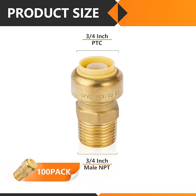 HeSun 100-Pack Pushfit Male Adapter, 3/4" MNPT x 3/4" Push to Connect Plumbing Fittings with Disconnect Clip, Brass Push-fit Fittings for PEX, Copper, CPVC, PE-RT Pipes