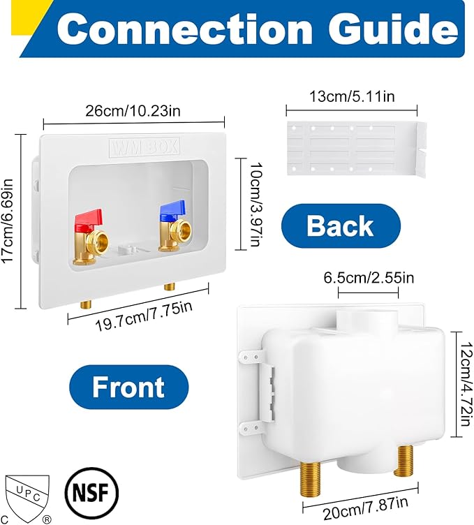 Washing Machine Outlet Box with Center Drain, 1/2" Sweat MIP Inlet x 3/4" MHT Outlet Connection with Hot and Cold 1/4-turn Shut-off Ball Valve