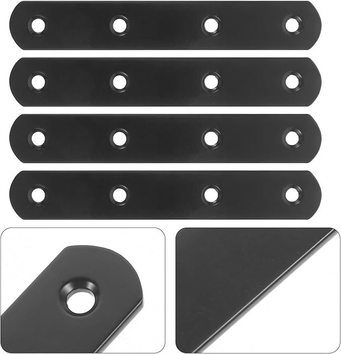 PRETYZOOM 4pcs Flat Straight Brackets Heavy Duty Mending Plates Repair Brace for Furniture Shelf Cabinet Post Base Reinforcement Black