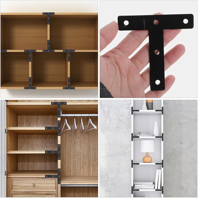 30pcs Black T-Shaped Corner Support Brackets Cold-Rolled Steel Flat Braces for Wood Furniture Repair Mending Plates Shelf Frame Reinforcement