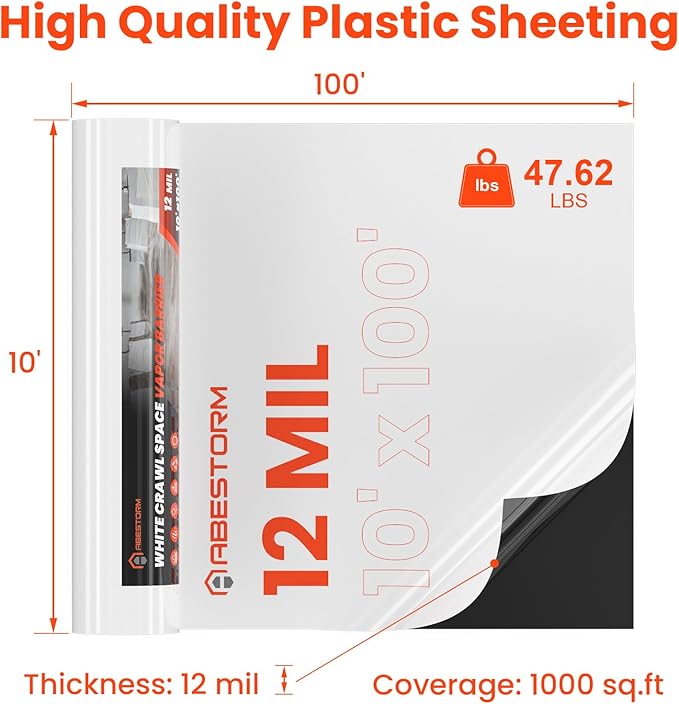 ABESTORM Crawl Space Vapor Barrier 12 Mil Film 10'x100' Thick Plastic Sheeting Drop Cloth Vapor Barrier Covering for Crawlspace, Encapsulation, Blackout Plastic Painters Tarp, Black and White Film