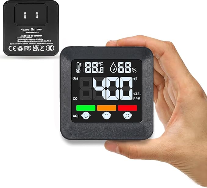 Plug-in 4-in-1 Gas & CO Detector with Temp/Humidity - Natural Gas, Propane & Methane Detector for Home, RV & Apartments (1, Black-Bleep Edition)