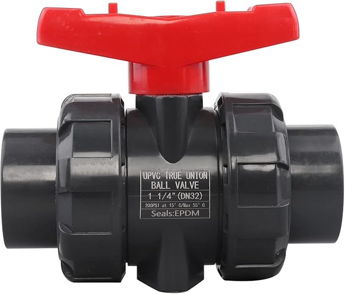 DERNORD PVC True Union Ball Valve NPT Threaded with Full Port, EPDM O-Rings, and Reversible PTFE Seats, Rated at 200 PSI (1.25 Inch NPT Threaded)