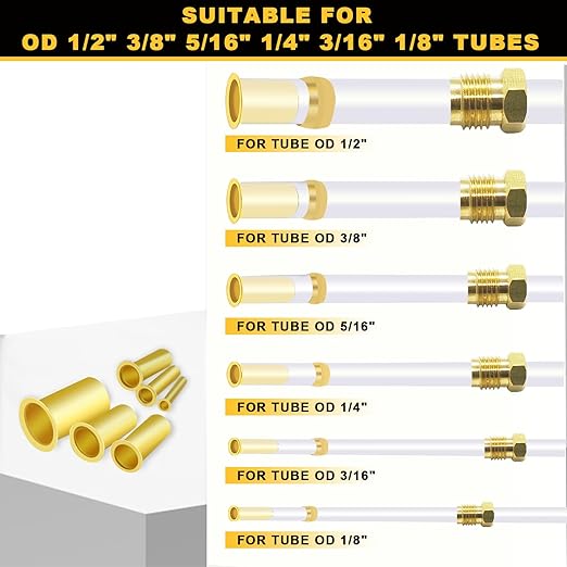 Siptenk 236PCS Brass Compression Tube Inserts for OD 1/2" 3/8" 5/16" 1/4" 3/16" 1/8", 6 Sizes Tubing Insert Brass Ferrule Fitting Assortment Kit