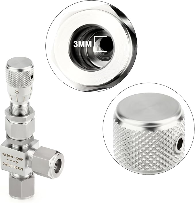 TAISHER 1PCS 304 Stainless Steel Reduce Port 3mm 90 Degree Elbow Needle Valve 3/8" OD，Accurate Dials For Micro Flow Control Instrument Gauge Water Gas Oil
