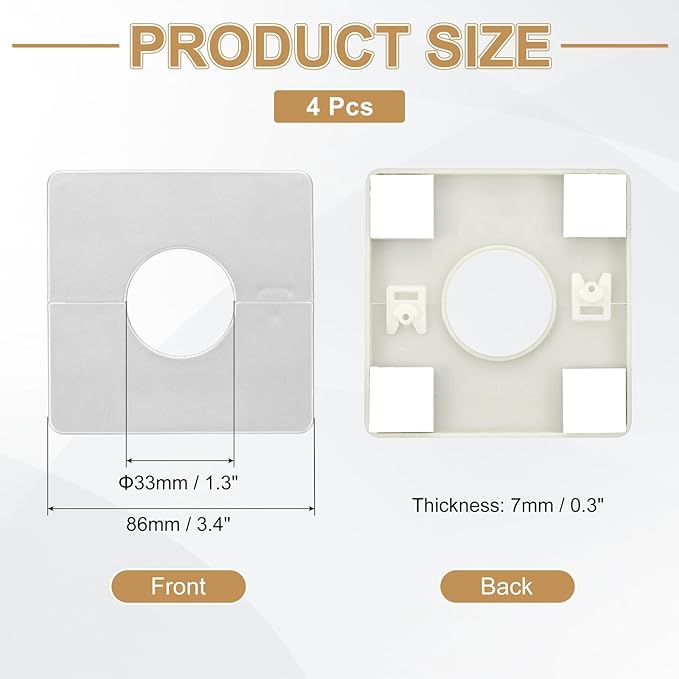 PATIKIL Wall Split Flange 86mm / 3.4" OD, 4 Pcs Square Escutcheon Plate Cover PPR Plumbing Cover Plates with Self-Adhesive Tape for 33mm / 1.3" Dia Water Pipe Faucet, Silver
