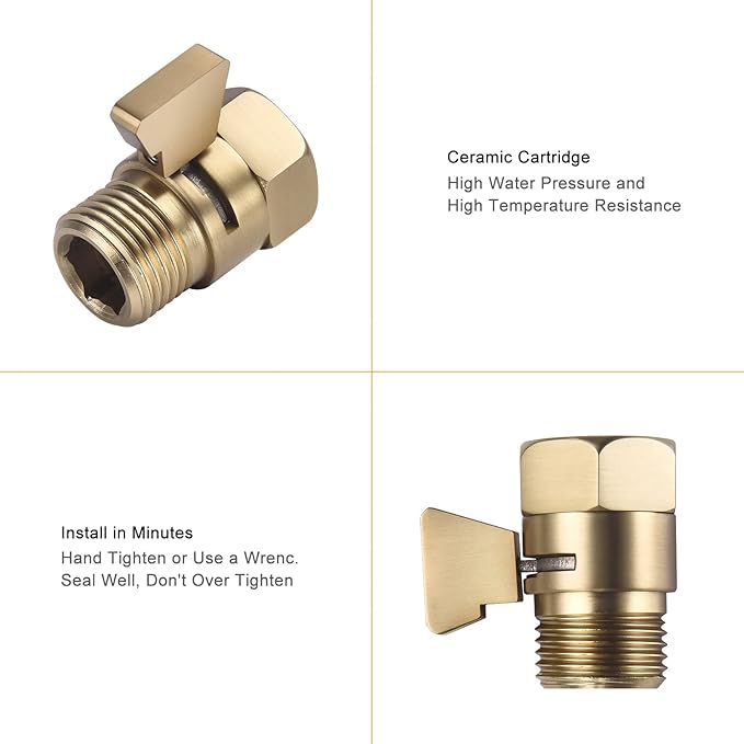 Brushed Gold Shower Head Shut Off Valve, 1/2" NPT Flow Control Valve, Brass Water Pressure Regulator