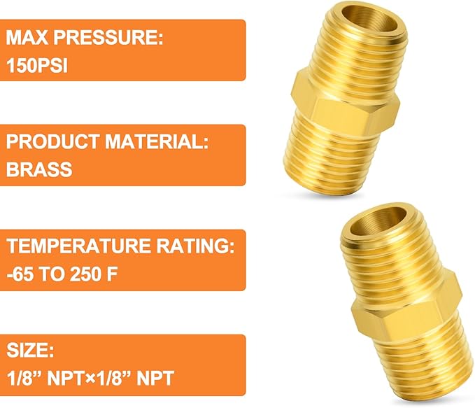 GASHER 10PCS Brass Pipe Fitting, Reducing Hex Nipple, 1/8-Inch Male Pipe x 1/8-Inch Male Pipe