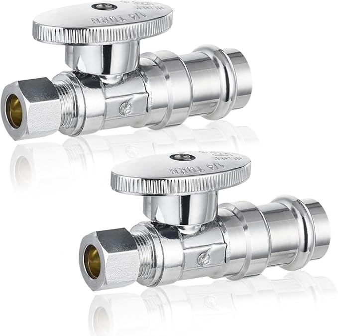 2-Pack GUOFIS Straight Stop Valve,1/2" Nominal Press Inlet x 3/8" OD Compression Outlet,1/4-Turn Shut-off Valve for Potable Water(Chrome Plated)(VALVE397-2Pack)