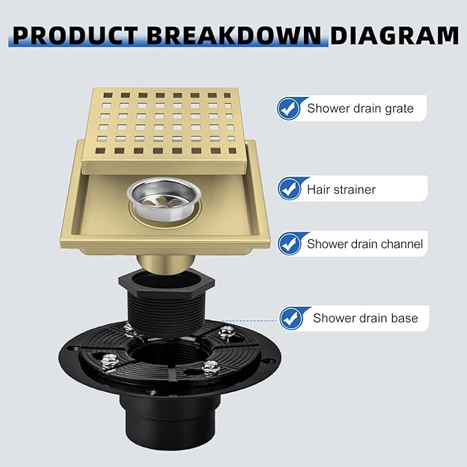 morefine Gold Shower Drain 6 inch with Flange, Square Shower Drain with Removable Grate Cover, SUS 304 Stainless Steel, Brushed Gold