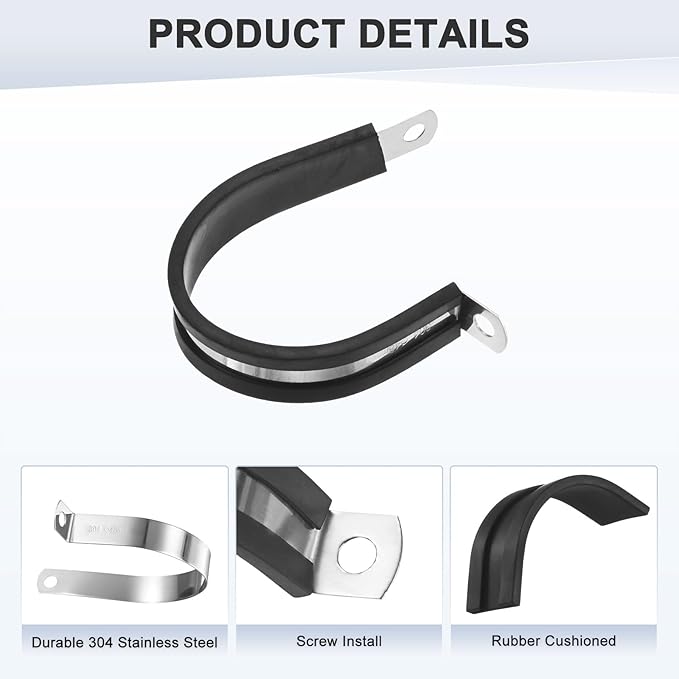 6-Pack Cable Clamps, 1-7/8 inch/ 48 mm 304 Stainless Steel Rubber Cushioned Insulated Cable Clamp R Shape Metal Holder for Tube/Wire/Pipe/Loop Installation