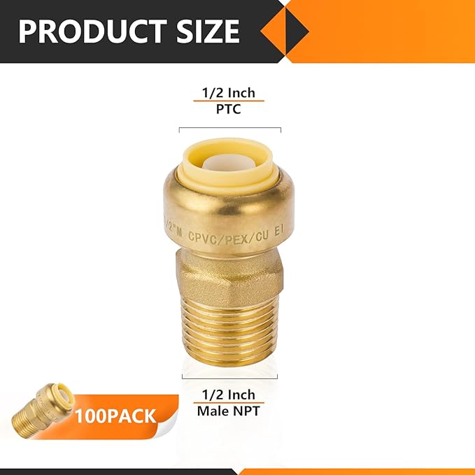 HeSun 100-Pack Pushfit Male Adapter, 1/2" MNPT x 1/2" Push to Connect Plumbing Fittings with Disconnect Clip, Brass Push-fit Fittings for PEX, Copper, CPVC, PE-RT Pipes, PF021-100