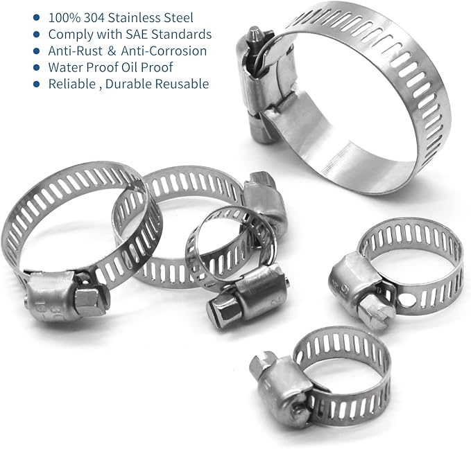 25 Pack Stainless Steel Hose Clamps, 3/8 inch to 5/8 inch Worm Gear Metal Hose Clamps for Pipe, Dryer Repair, Tubing and Fuel Line