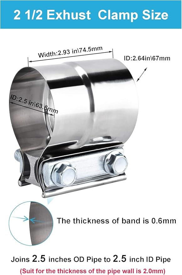 2.5 Inch Exhaust Clamps 4 Packs,2 1/2in Lap Joint Band Clamp 304 Stainless Steel for Muffler Pipe Repair,Catalytic Converters