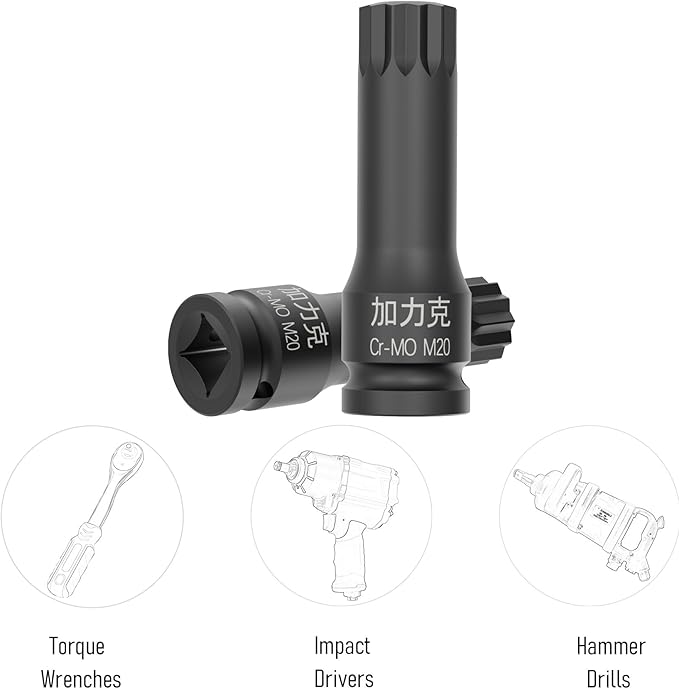 1/2-Inch Drive x M20(20mm） Impact XZN Triple Square Spline Bit Socket, Metric Lengthen Screwdriver Socket Adapter, 3-Inch Length, CR-MO Steel, One-Piece Construction, Black