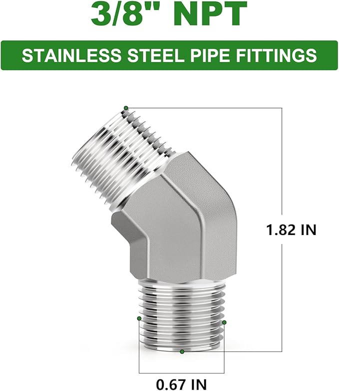 TAISHER 2PCS 304 Stainless Steel 45 Degree Barstock Street Elbow, 3/8" NPT Male x 3/8" NPT Male 304 Stainless Pipe Fitting
