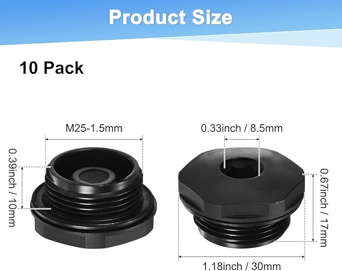 10-Pack Inner Hex Head Pipe Plug End Cap, M25x1.5mm Nylon Garden Hose Stopper Connector Plug with Sealing Ring for Terminating Pipe Ends [Black]