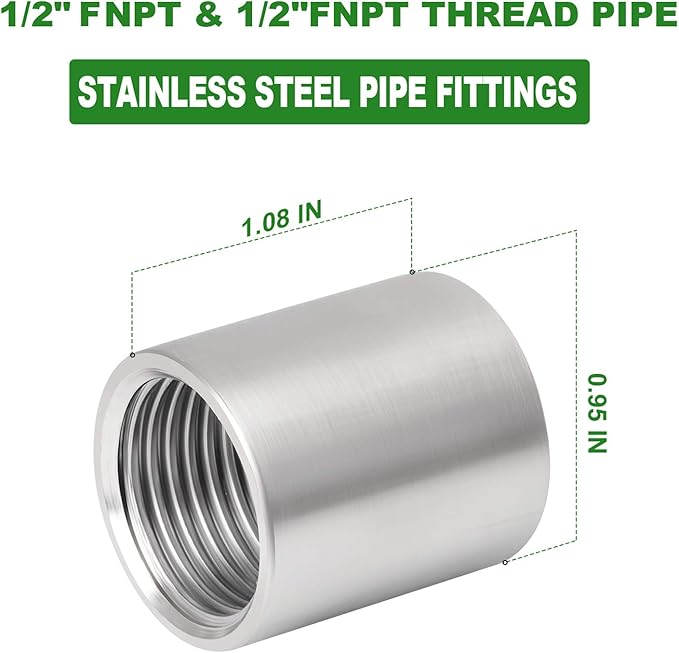 TAISHER 2PCS 304 Stainless Steel Cast Pipe Fitting, Coupling, 1/2" x 1/2" NPT Female Threaded