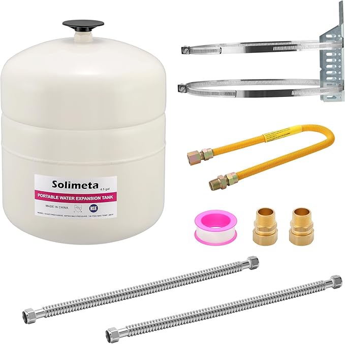 Solimeta 4.5 Gallon Potable Water Expansion Tank with Adjustable Wall Bracket & Gas Water Heater Installation Kit (24" Stainless Steel Hoses 3/4" FIP + 24" Gas Connector)
