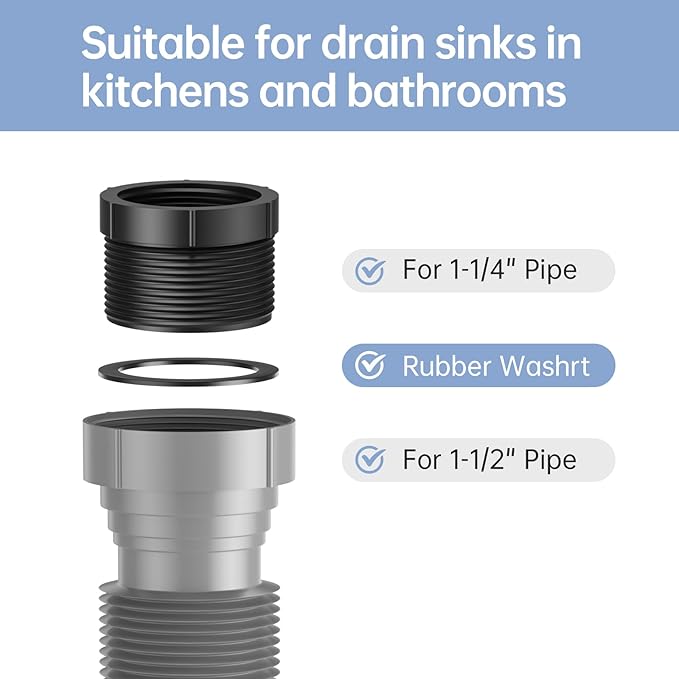 2 Packs Expandable Flexible P-Trap Pipe Kit (1 1/2" or 1 1/4") Single Kitchen Sink Drainage Solution Includes Adapter Seal Ring for Garbage Disposal - Gray